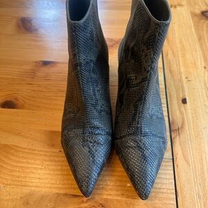 RAYE Green  Snake-Embossed Pointed Ankle Booties with Kitten Heels